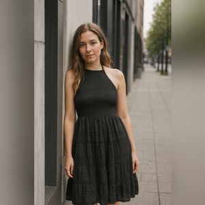Small AE Black Halter Tiered Flowy Dress Whimsygoth Dark Fairy Grunge Boho Chic